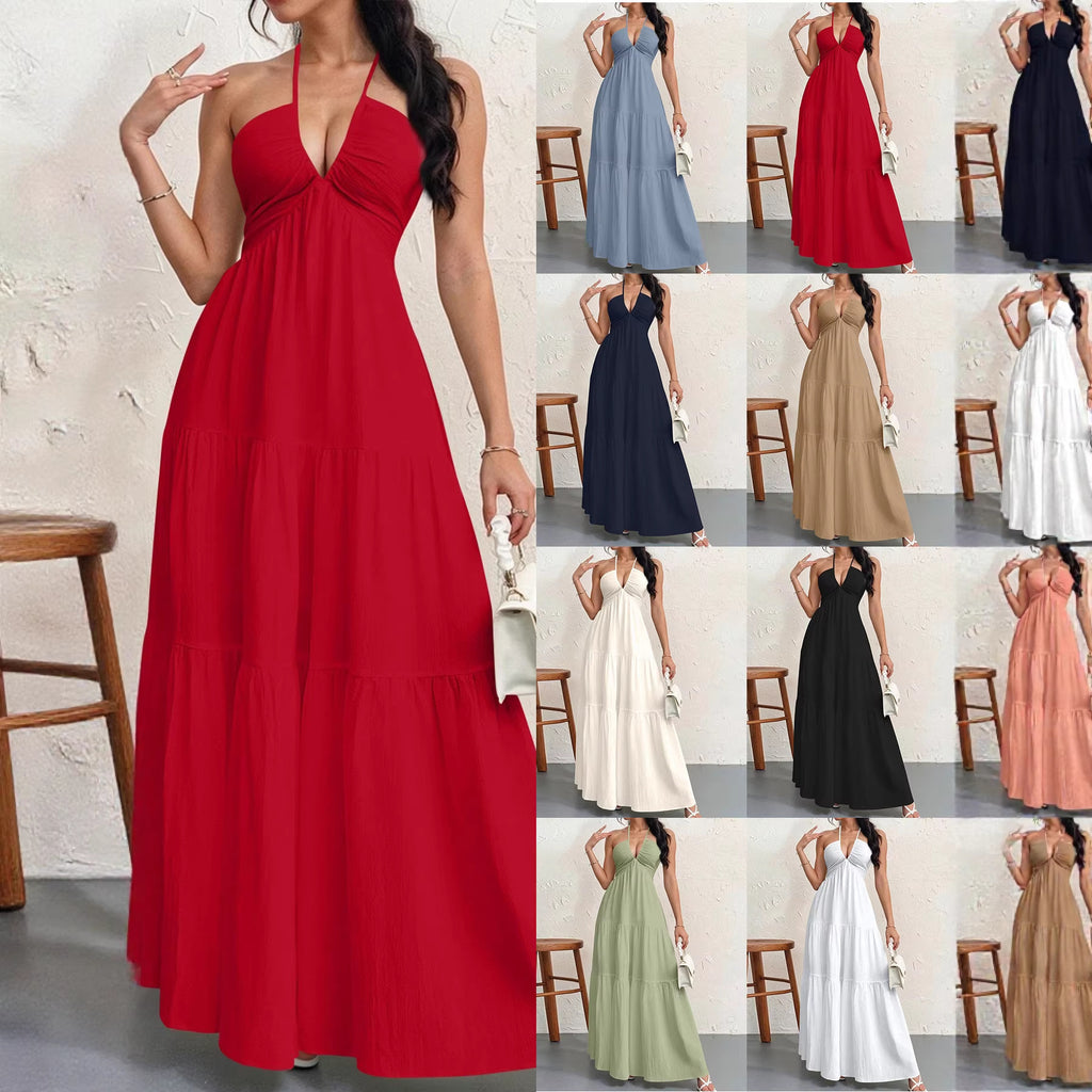 Red halter neck dress displayed with multiple color options in a grid layout.