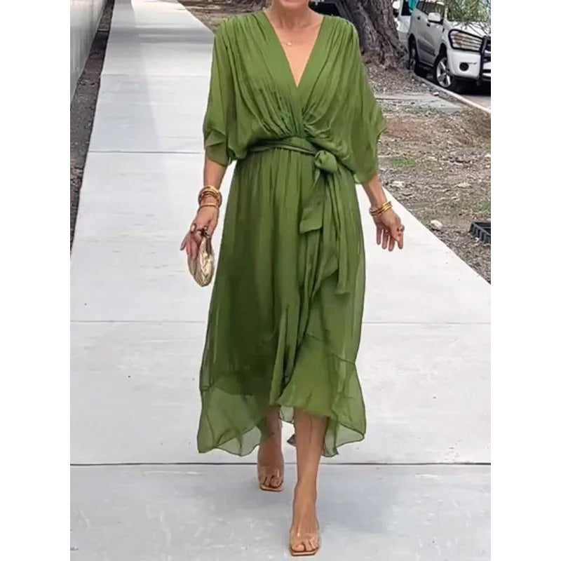 Batwing Sleeve V Neck Irregular Summer Dress Women Pure Color Tied Long Flowing Elegant Casual Womens Clothing
