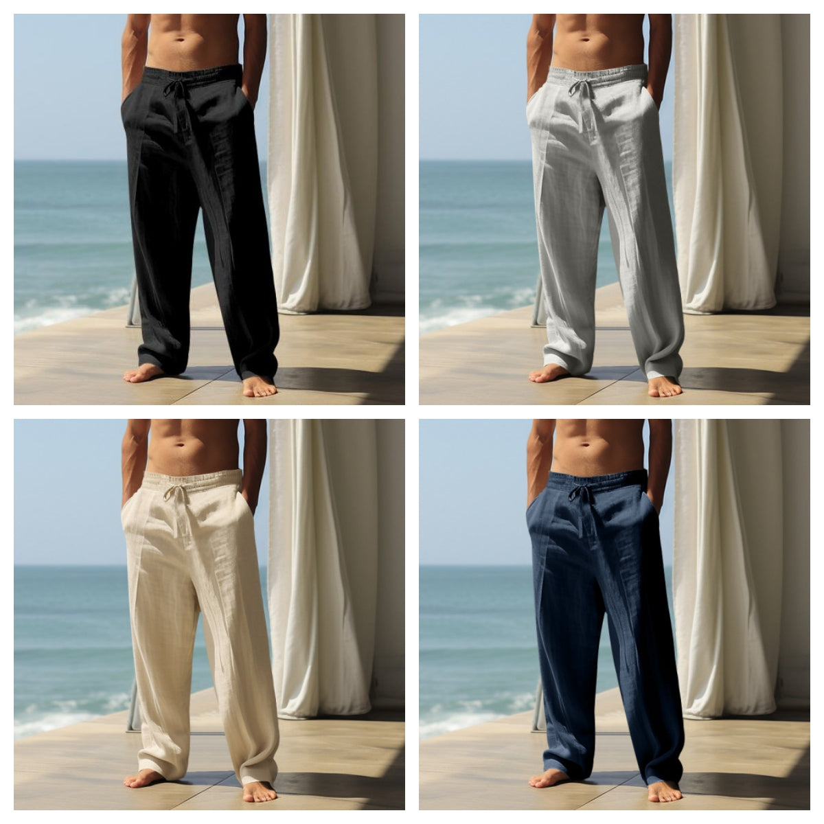 Four panels showing a person wearing different colored pants by the ocean.