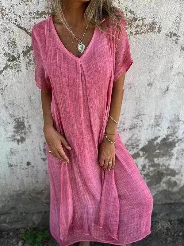 Cotton Linen V-Neck Semi-Formal Midi Dress - ZA-Zola