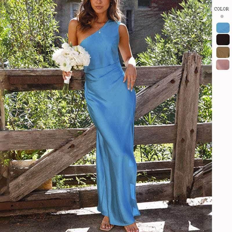 One-Shoulder Satin Split Dress – Sleek & Elegant Fit - ZA-Zola