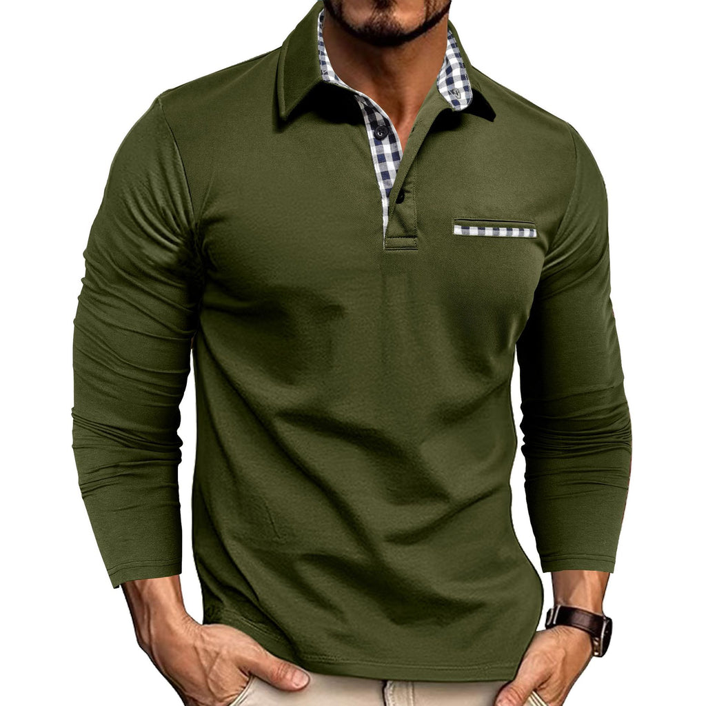 Men’s Plaid Splicing Polo Shirt – Casual Long Sleeve Lapel Top