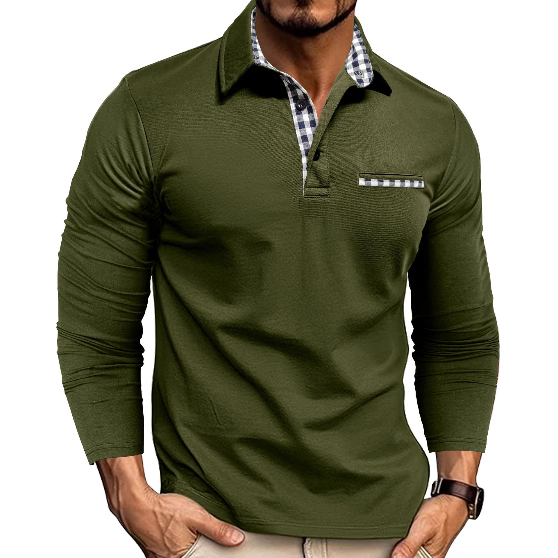 Men’s Plaid Splicing Polo Shirt – Casual Long Sleeve Lapel Top