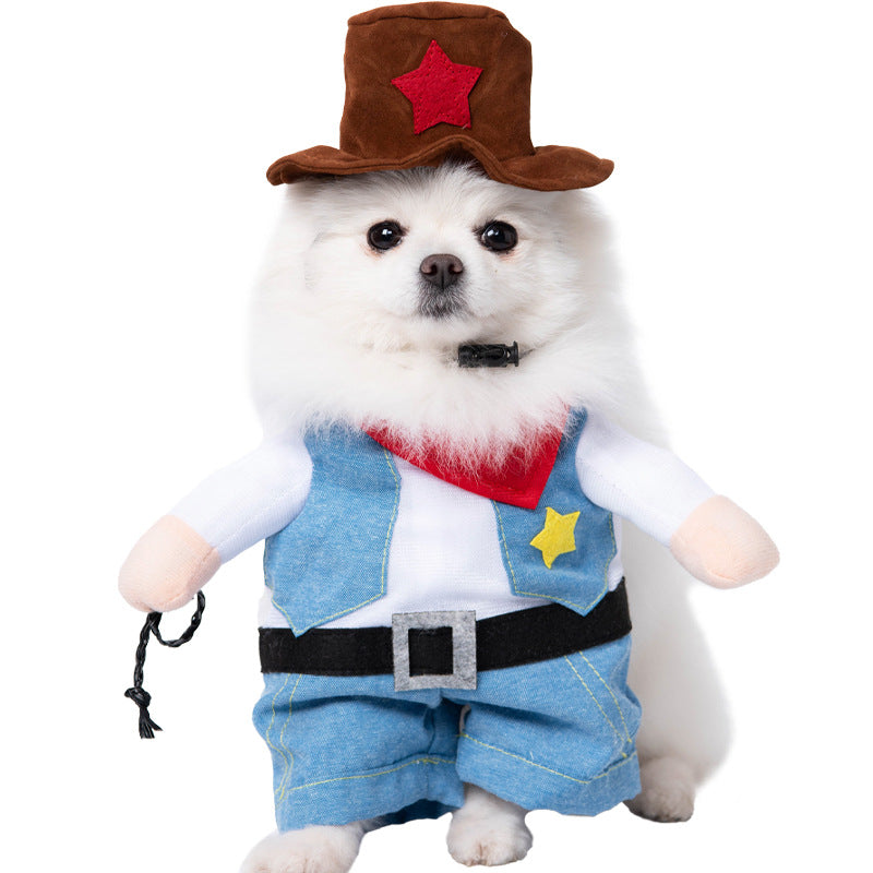 Dog wearing a cowboy costume with a hat, vest, and pants on a white background
