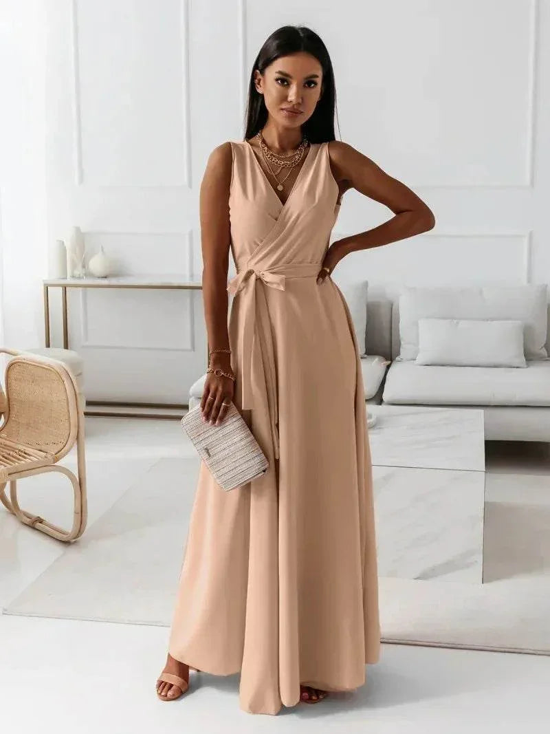 Elegant V-Neck Solid Color Formal Dress – Chic & Classy - ZA-Zola
