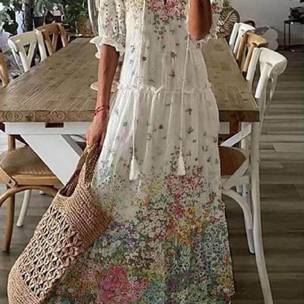 Floral V-Neck Long Dress – Elegant & Flowy Fit - ZA-Zola