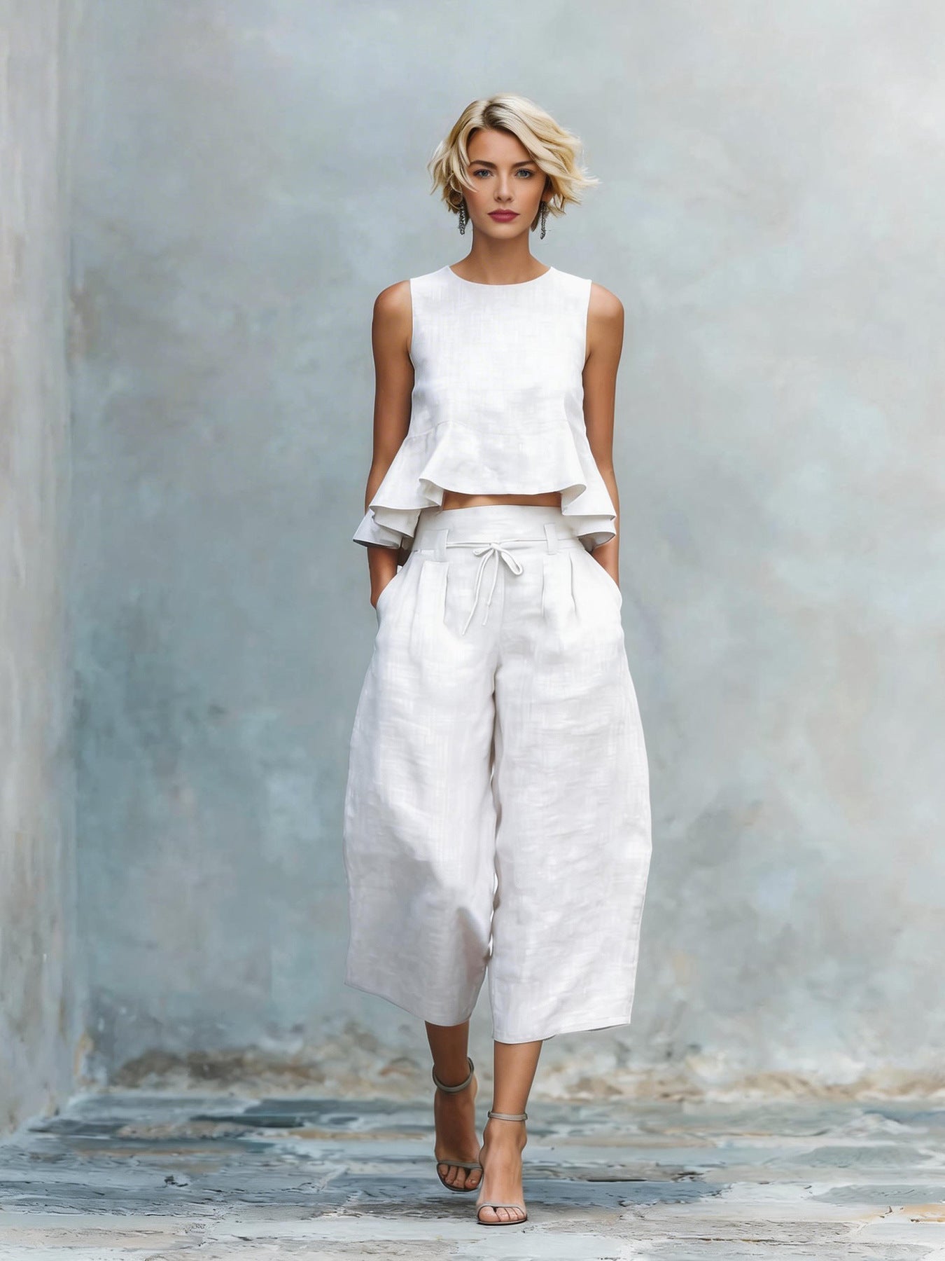 Woman wearing a white outfit with a plain background