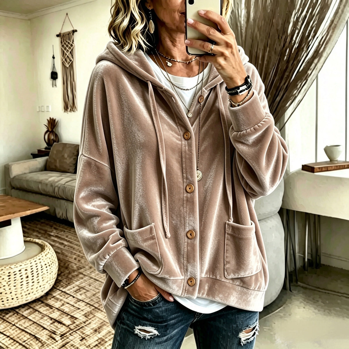 A woman takes a mirror selfie wearing a dusty rose velvet zip-up hoodie with a drawstring hood and front pockets, paired with distressed blue jeans in a cozy living room setting.
