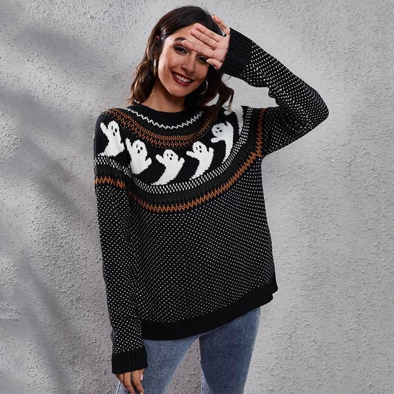 ZA-Zola Halloween Ghost Polka Dot Pullover Sweater - ZA-Zola