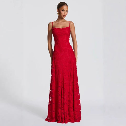 Red lace evening gown on a model against a light gray background