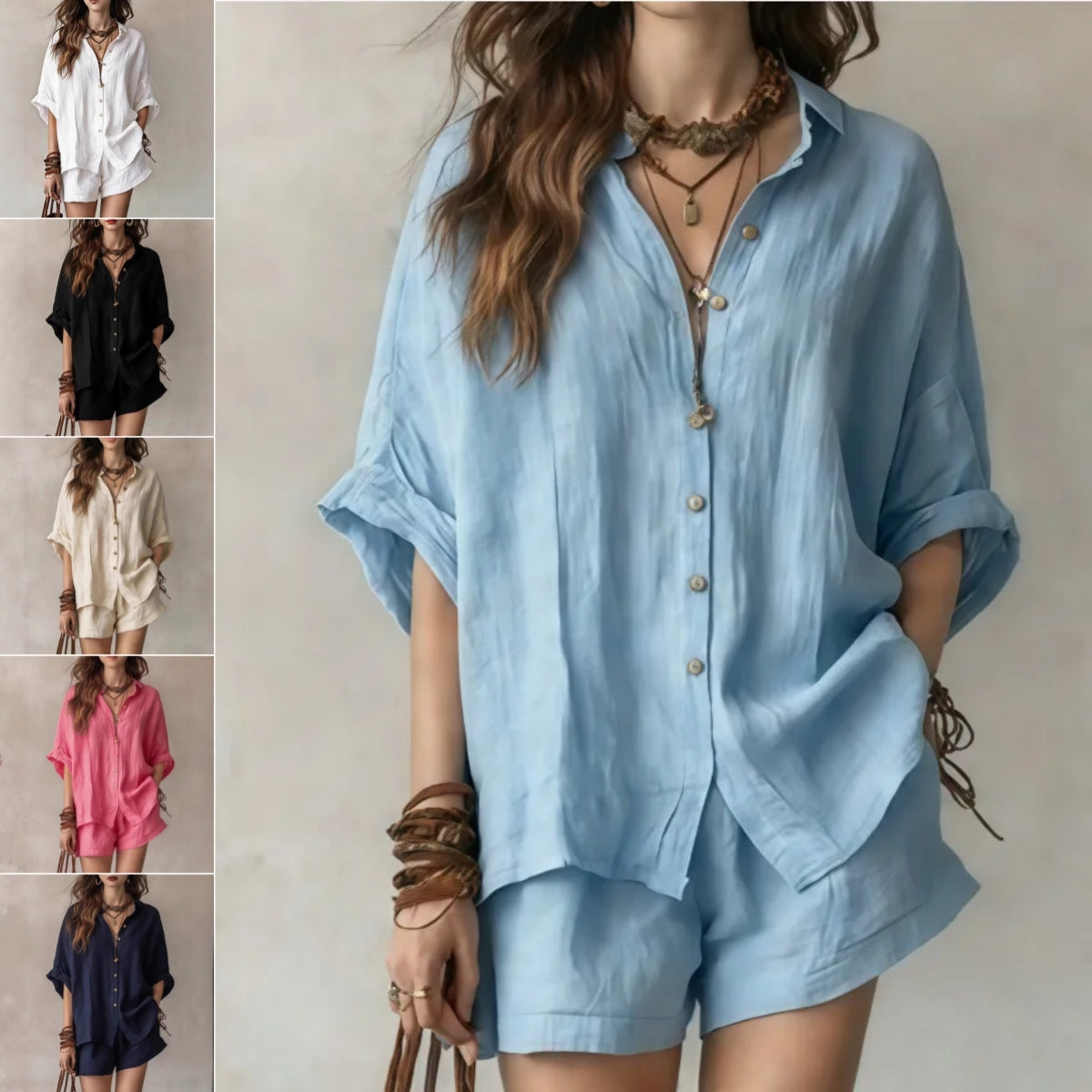 Woman wearing a light blue shirt and shorts with color swatches on the left.