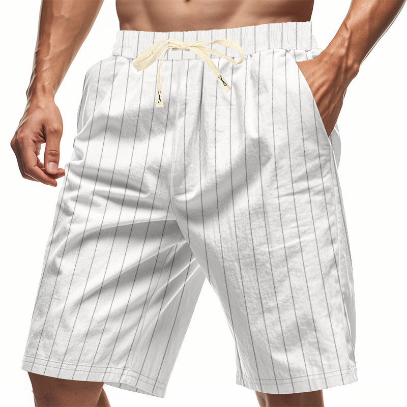 White pinstripe shorts with a drawstring on a white background