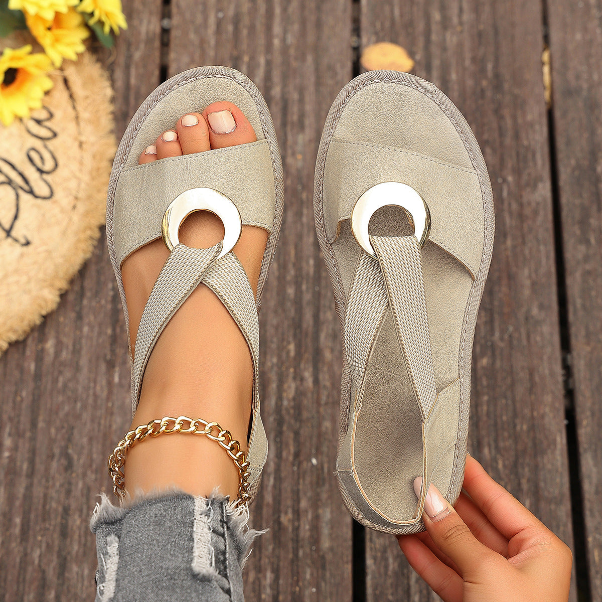 Women’s Plus Size Fish Mouth Elastic Strap Wedge Sandals