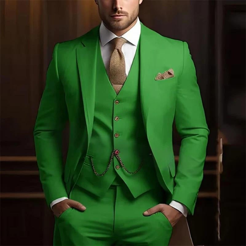 Green suit with a white shirt and brown tie against a dark background