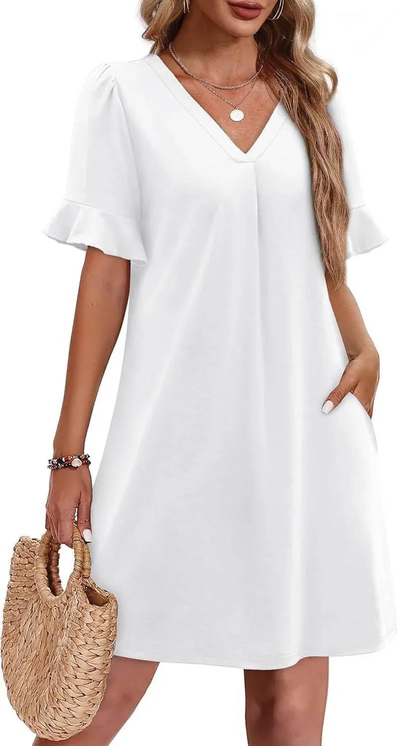V-Neck Ruffled Vacation Dress with Pockets – Women - ZA-Zola