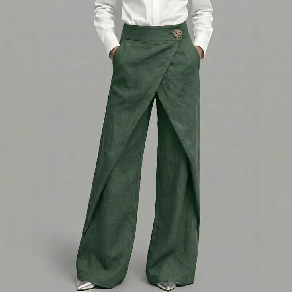 Green wide-leg pants worn by a person on a gray background