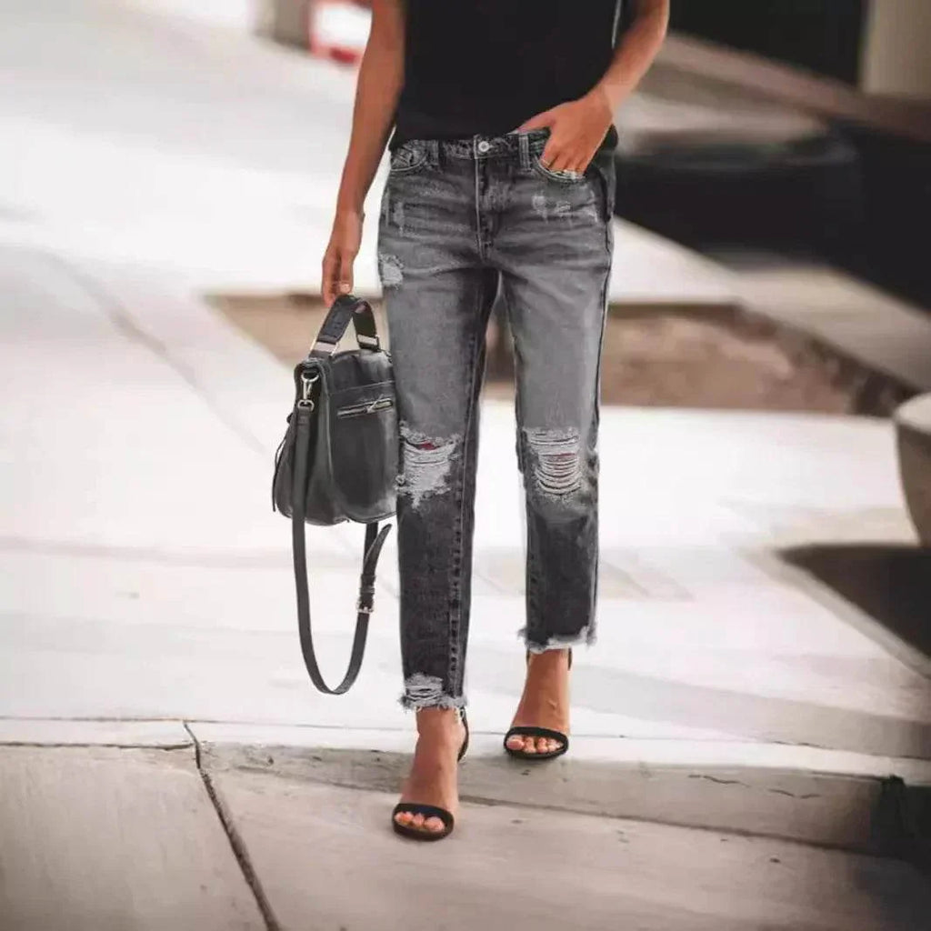 Women's Ripped Retro Straight Jeans - ZA-Zola