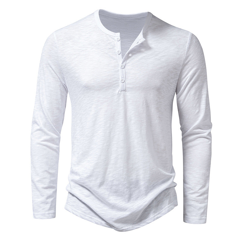 White long-sleeve henley shirt on a white background