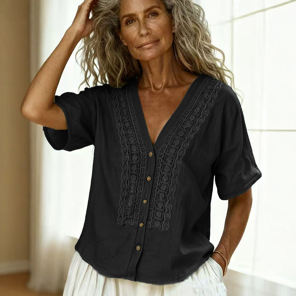 Faux Linen Embroidered Button Top | Women Casual