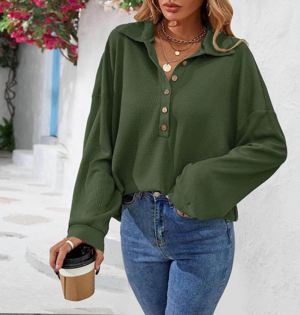 Lapel Button Sweatshirt – Casual Pullover Top - ZA-Zola