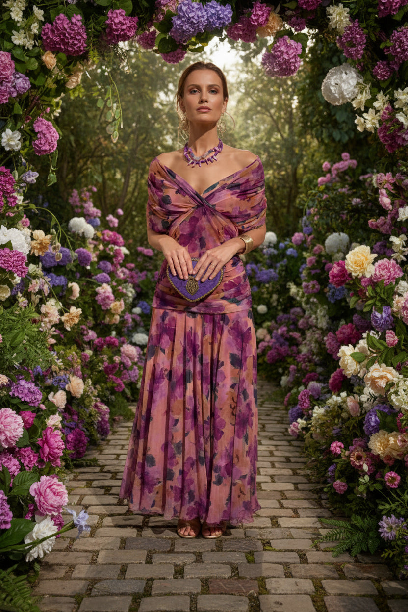 Woman wearing a purple floral dress holding a matching clutch background of flowers and pavement.