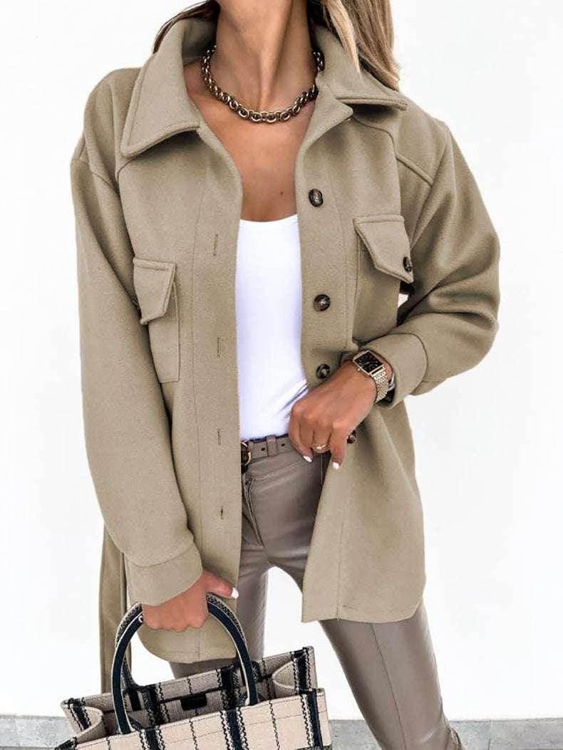 Long-Sleeved Temperament Solid Color Lapel Woolen Coat - ZA-Zola