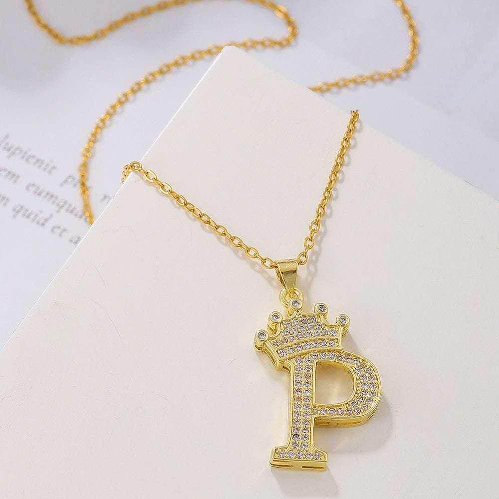 Gold Crown Initial Pendant Necklace for Daily Wear - ZA-Zola