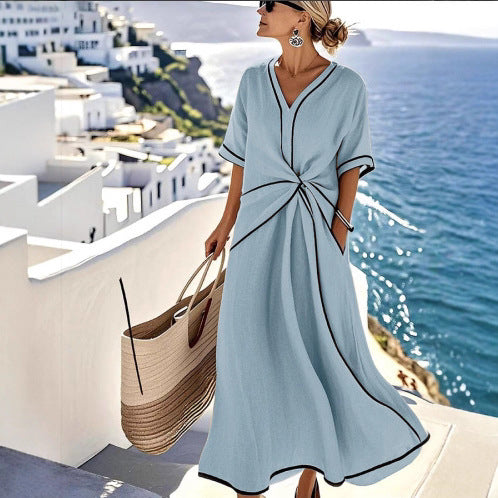 Women’s Summer Striped Print Short Sleeve Casual Beach Maxi Dress
