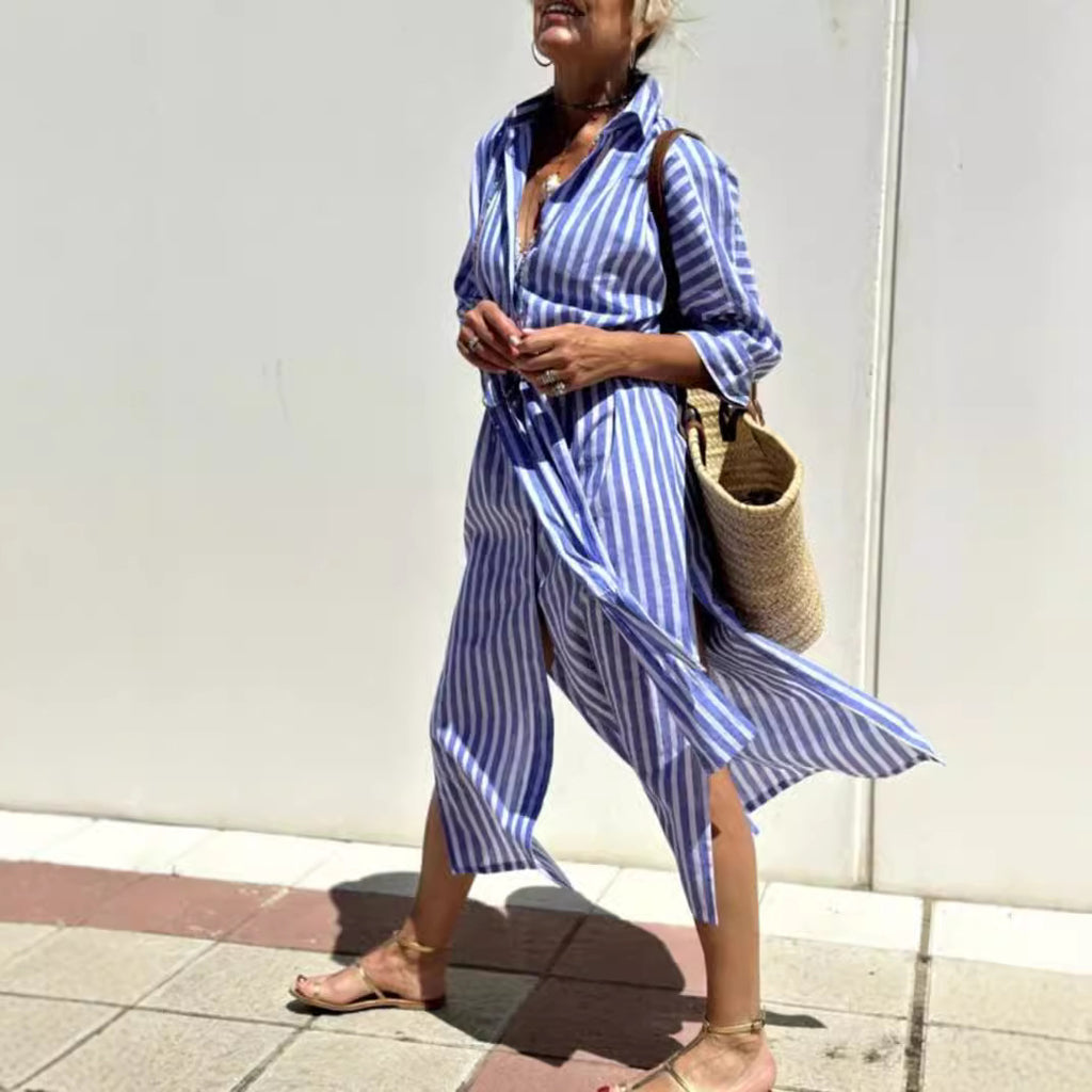 Striped Shirt Dress with Belt Half Sleeve Lapel Button Cardigan Dress Women's Fashion Clothing