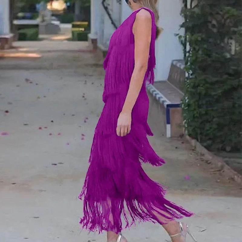 Women's Diagonal Collar Tassel A-Line Dress - ZA-Zola
