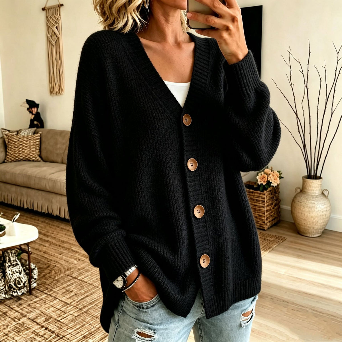 A woman takes a mirror selfie in a cozy living room while wearing a black ribbed knit cardigan with large brown buttons, light blue distressed jeans, and a white top underneath.