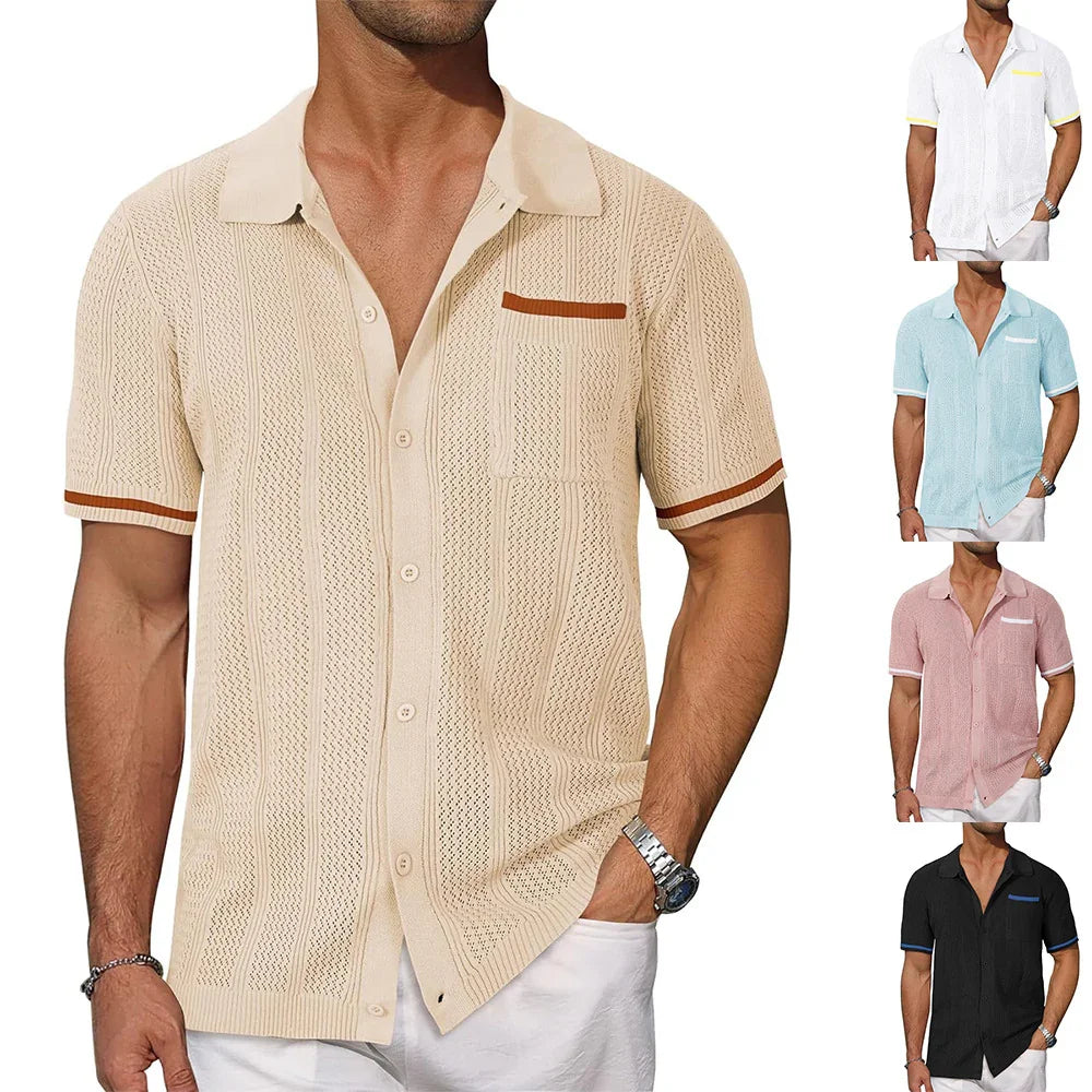 Beige textured short-sleeve shirt worn by a man with additional shirts in different colors displayed.