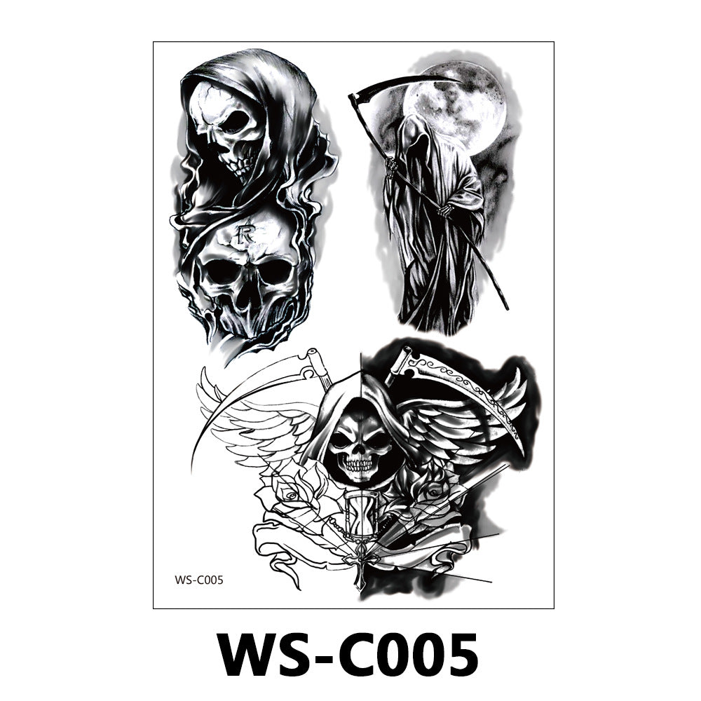 A sheet of temporary tattoos featuring three black and white grim reaper designs, labeled with the code WS-C005, shown on a white background with the same code printed below.