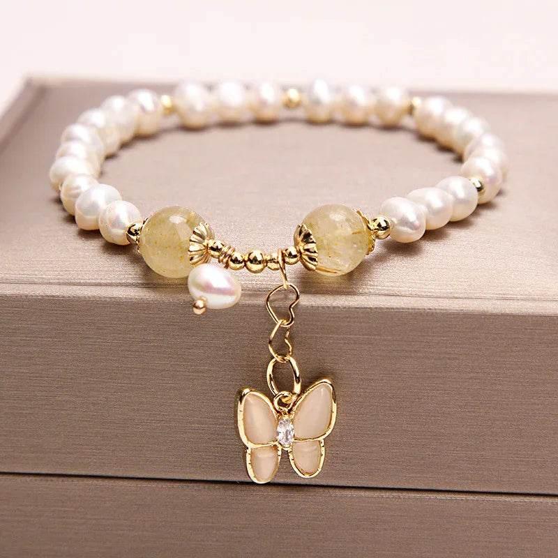 Freshwater Pearl & Strawberry Quartz Butterfly Bracelet - ZA-Zola