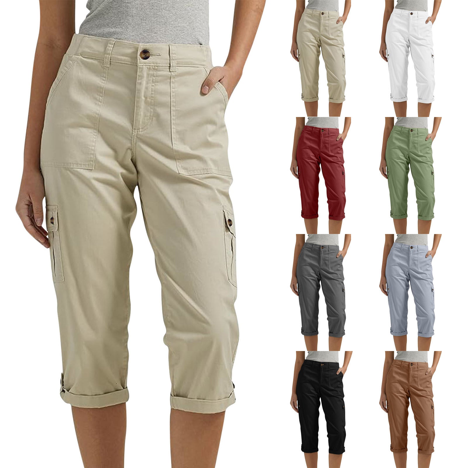 Beige capri pants with multiple color options displayed on a white background