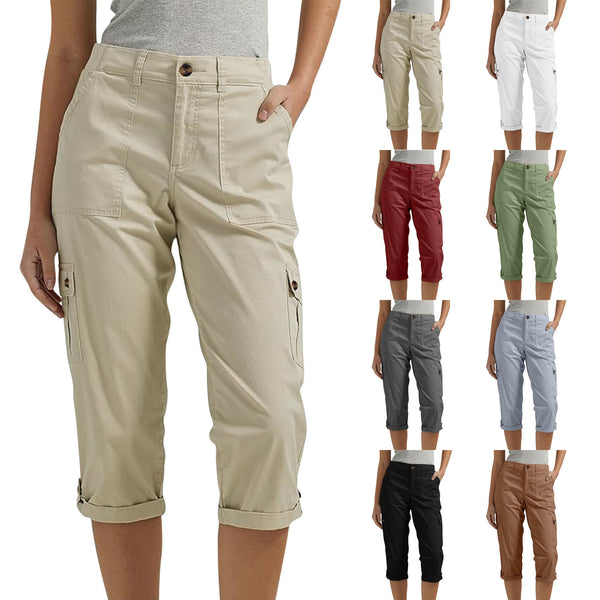 Beige capri pants with multiple color options displayed on a white background