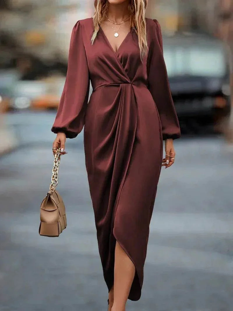 Elegant V-Neck Waist-Tight Long Split Dress - ZA-Zola