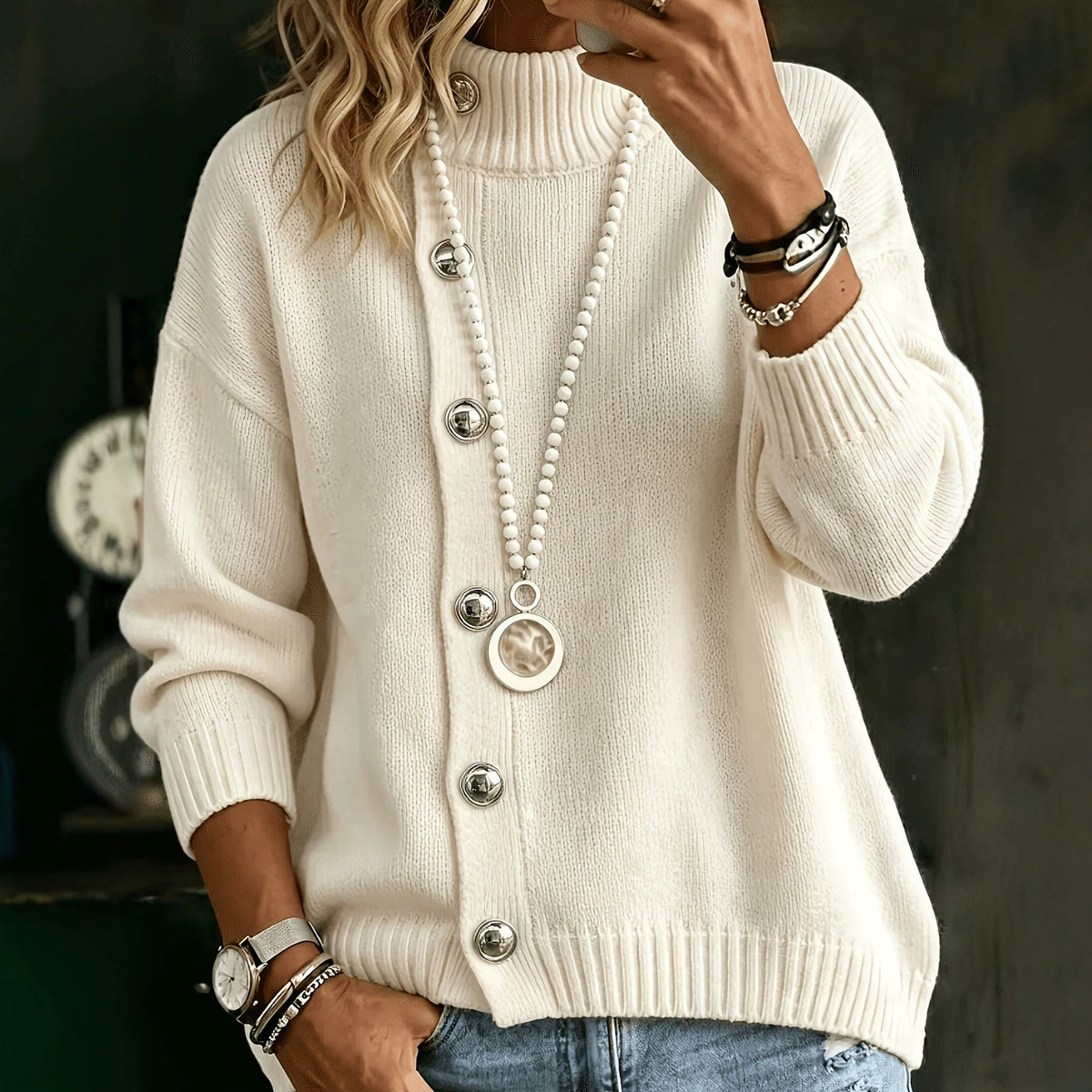 A woman wearing a cream-colored knit cardigan sweater with silver buttons, styled with a long pearl necklace and bracelets, set against a dark, moody background.