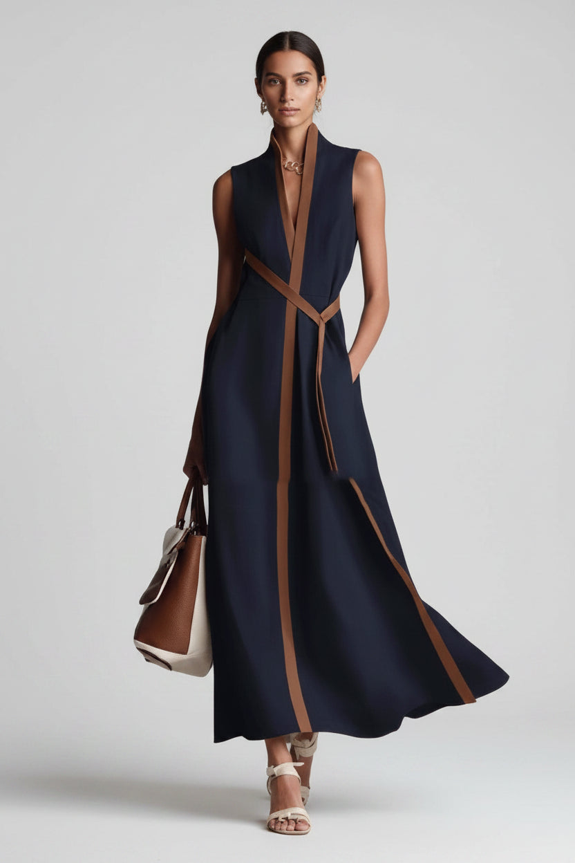 Navy sleeveless dress with brown accents on a white background