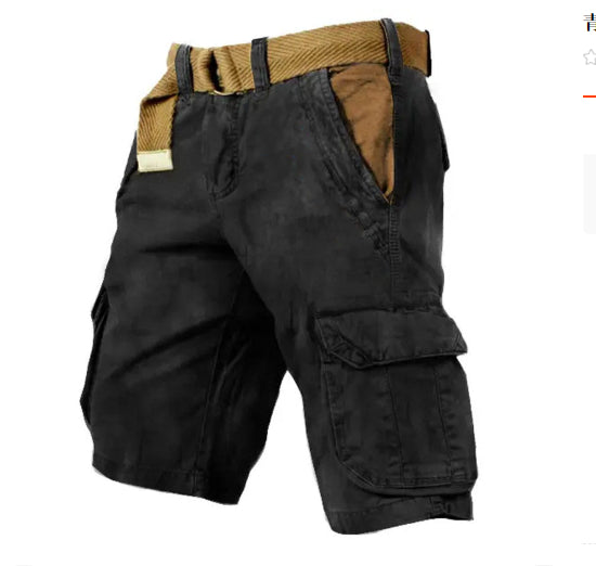 Black cargo shorts with a brown belt on a white background