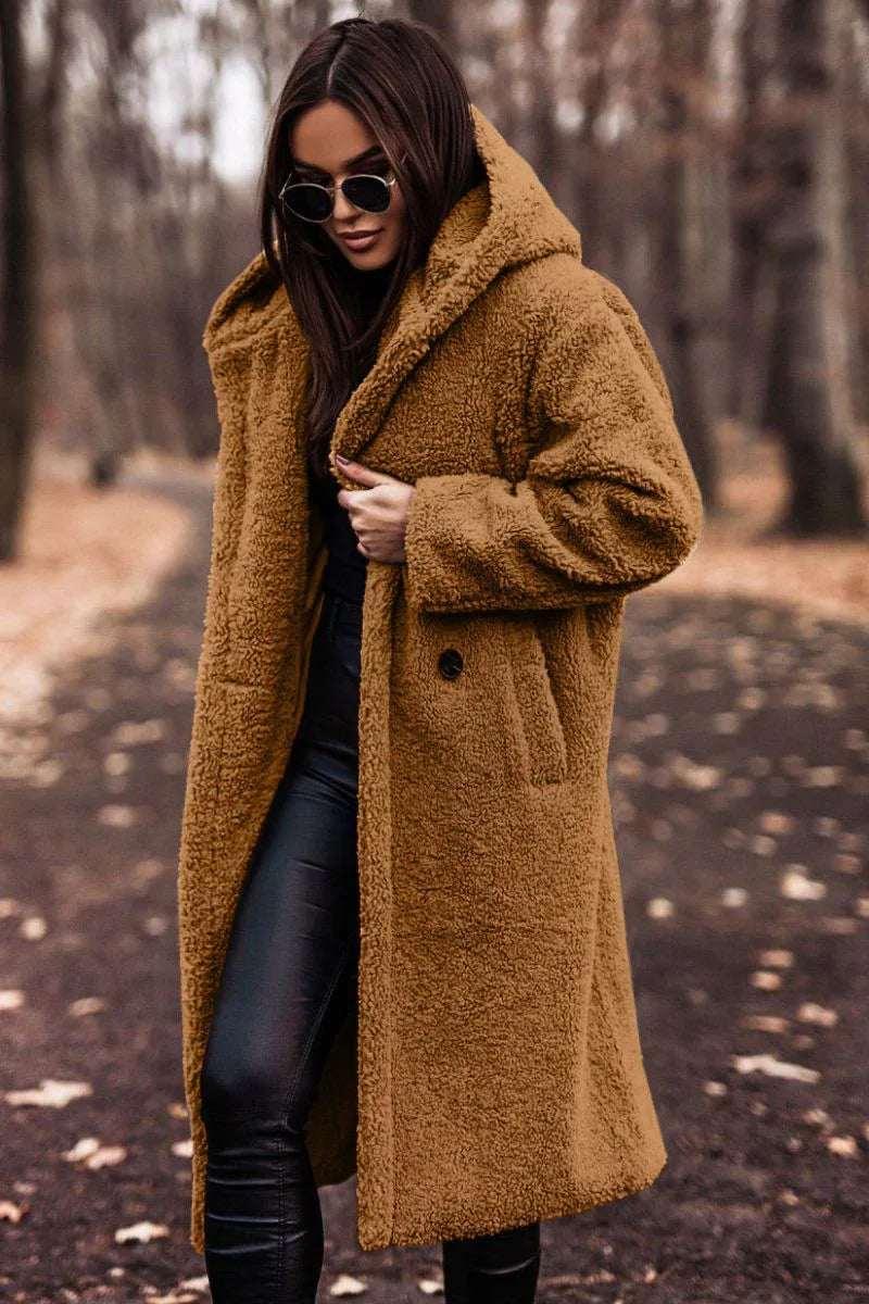 Women Teddy Coat Long Faux Fleece Hooded Winter - ZA-Zola
