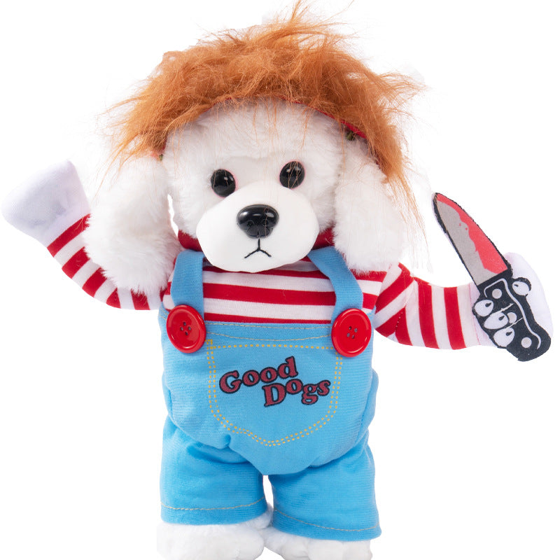 Stuffed toy dog with red hair, striped shirt, and blue overalls with 'Good Dogs' text on a white background.