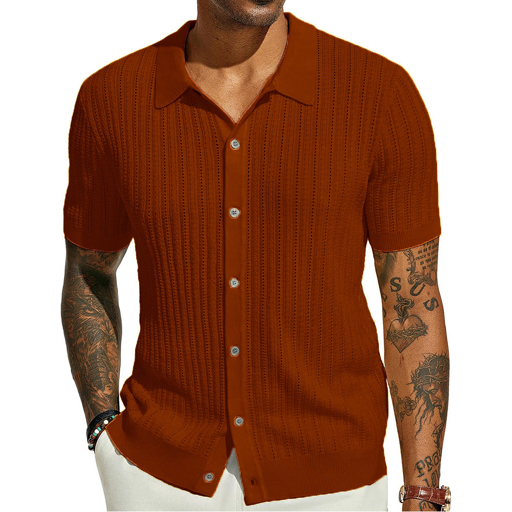 Brown textured shirt worn by a person on a white background
