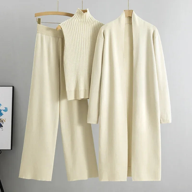 Women Knitted Three Piece Set – Stylish Vest, Cardigan & Pants Outfit - ZA-Zola