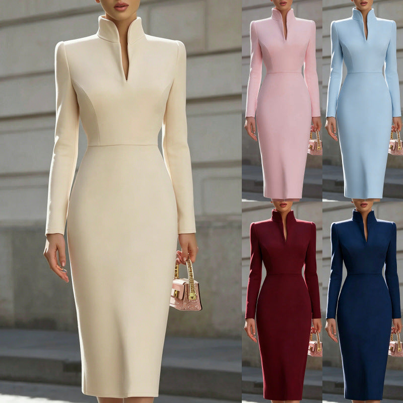 A women's fitted midi dress with long sleeves, a high mock neck, and a front slit, shown in multiple color options: cream, light pink, light blue, burgundy, and navy. The left panel shows the cream version worn by a model holding a small handbag, while the right panel shows the other color variants against a neutral outdoor background.