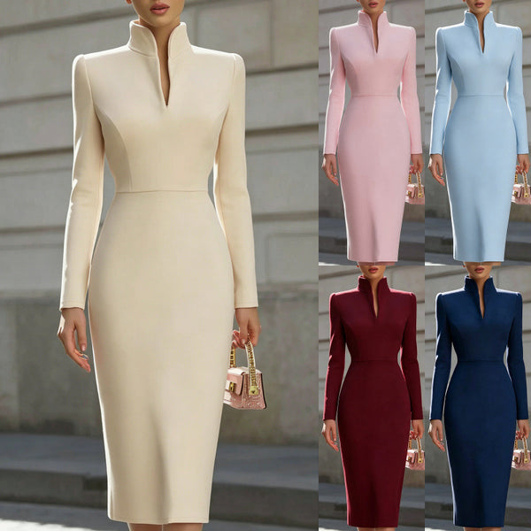 A women's fitted midi dress with long sleeves, a high mock neck, and a front slit, shown in multiple color options: cream, light pink, light blue, burgundy, and navy. The left panel shows the cream version worn by a model holding a small handbag, while the right panel shows the other color variants against a neutral outdoor background.