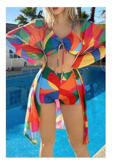 Floral Bikini Set with Long Sleeve Cardigan | ZA-Zola - ZA-Zola