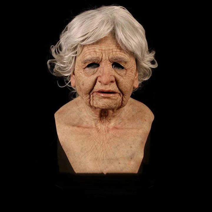 Bust of an elderly woman with white hair on a black background