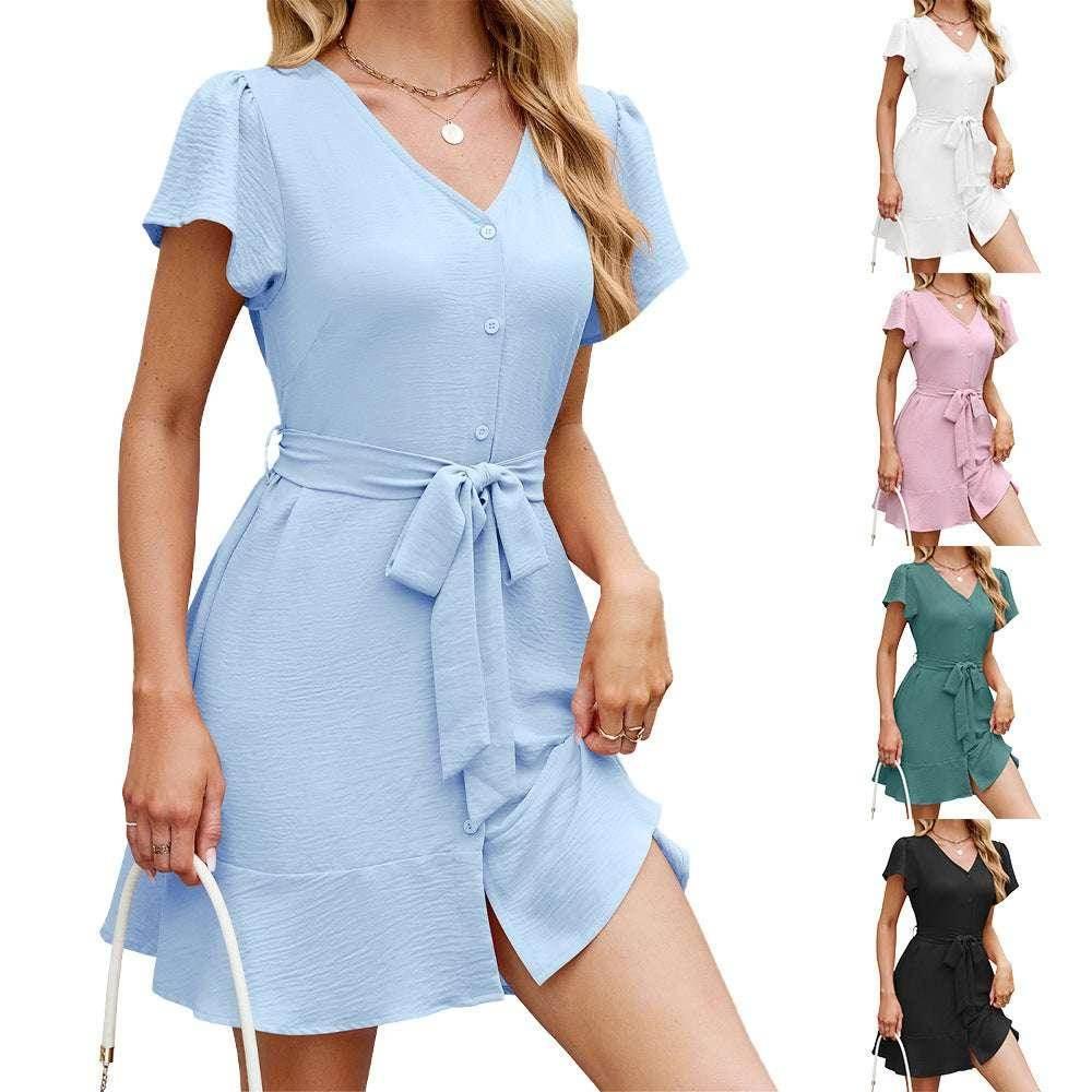 Solid Color V-neck Button Cardigan Dress – Short Sleeve - ZA-Zola