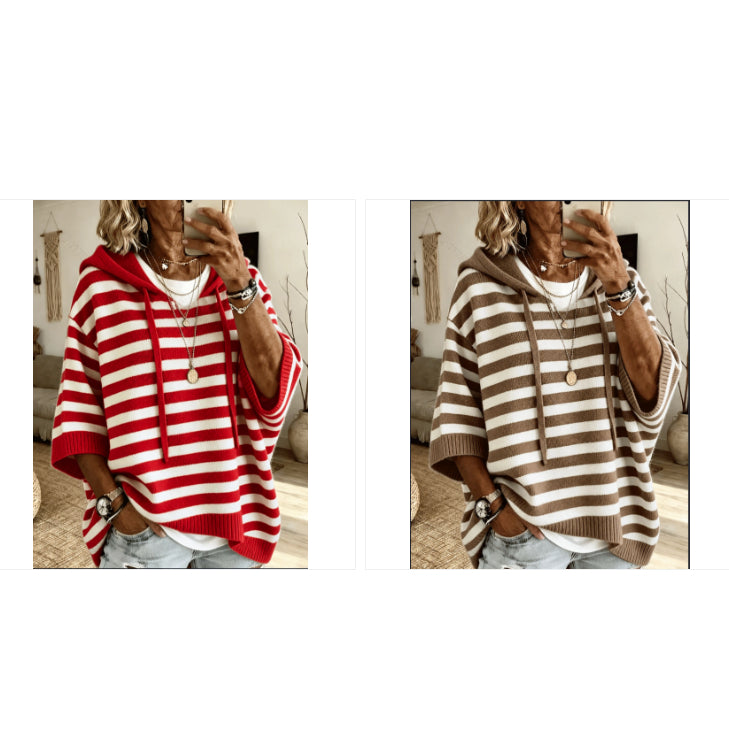 Two side-by-side mirror selfies showing a woman wearing the same striped hoodie in two colorways: one with red and white horizontal stripes, and the other with brown and white horizontal stripes. The hoodies have drawstrings and a relaxed fit.